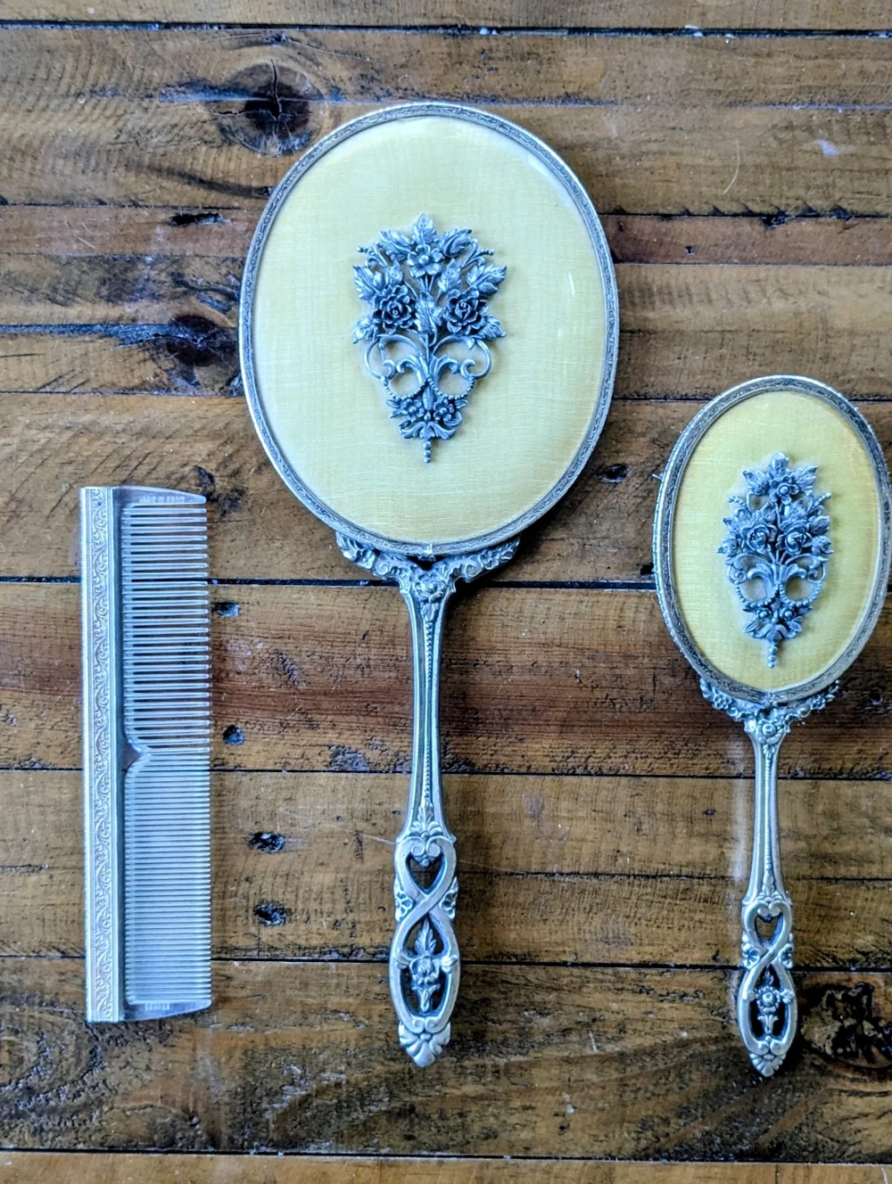 Vintage Gemite 3-Pc Vanity Set - Mirror, Brush & Comb - Silver Tone & Gold Broca
